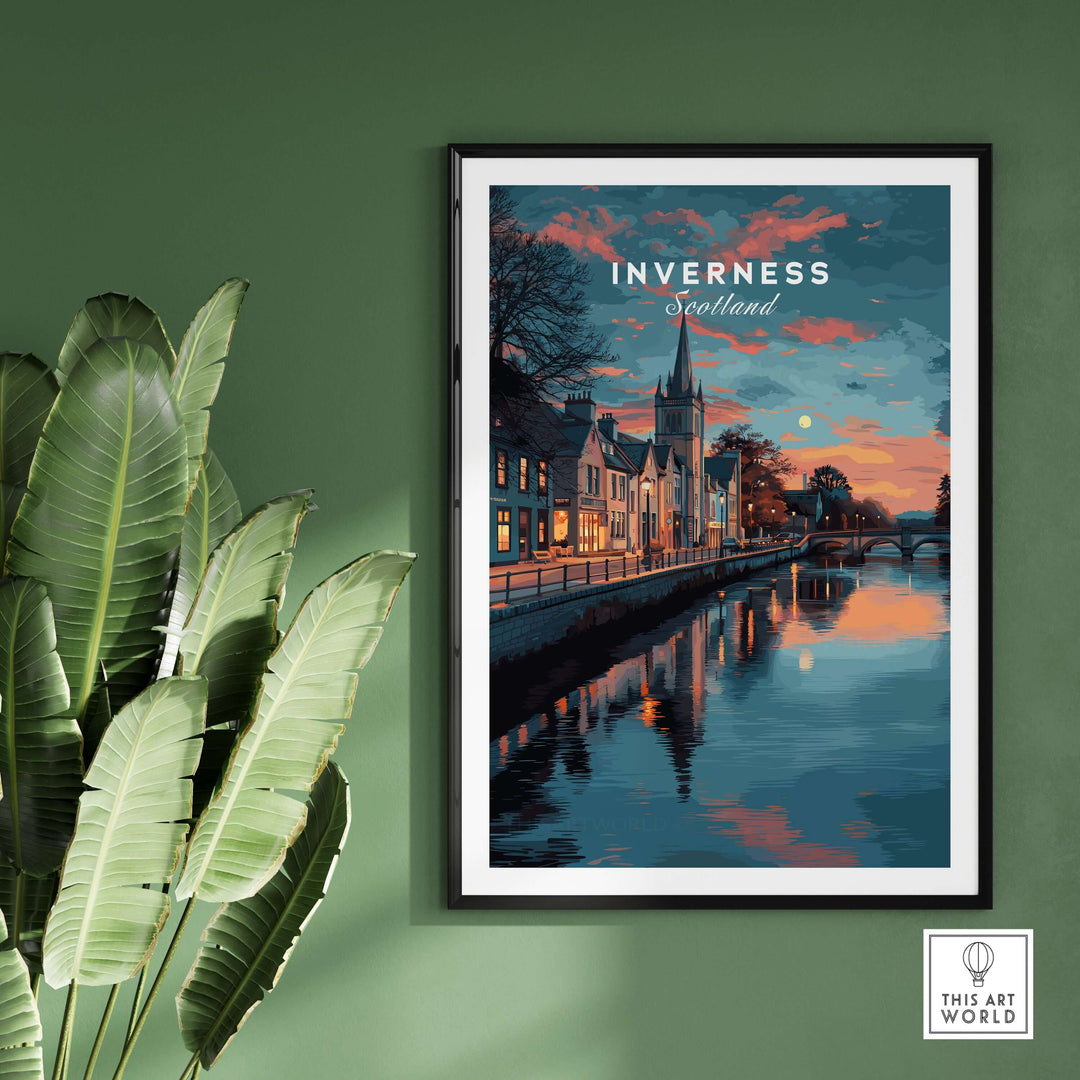 Inverness Print | Highland Wall Decor showcasing scenic Inverness, Scotland with tranquil river and vibrant sunset.