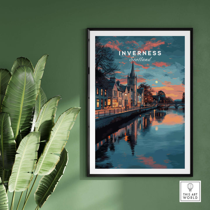 Inverness Print | Highland Wall Decor showcasing scenic Inverness, Scotland with tranquil river and vibrant sunset.