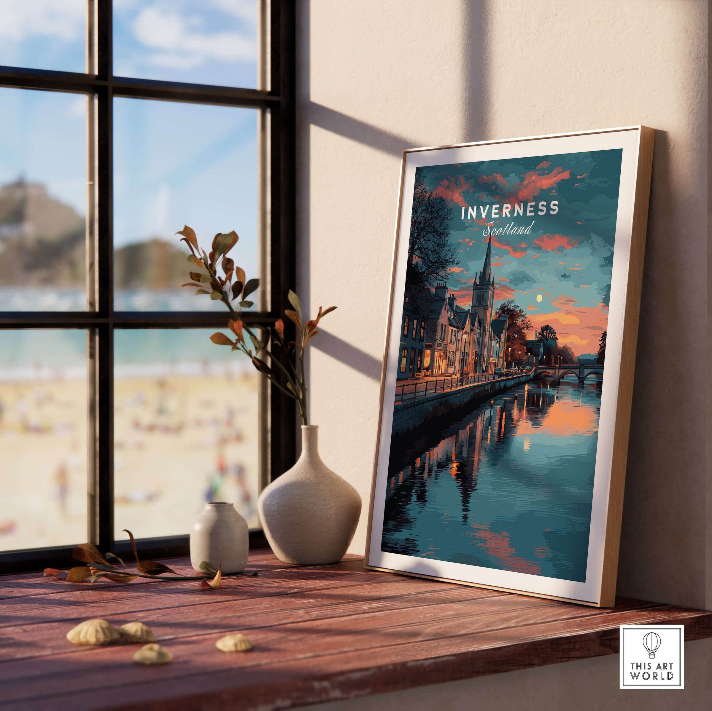 Inverness Print | Highland Wall Decor showcasing the scenic landscape of Inverness, Scotland in a stylish interior setting.