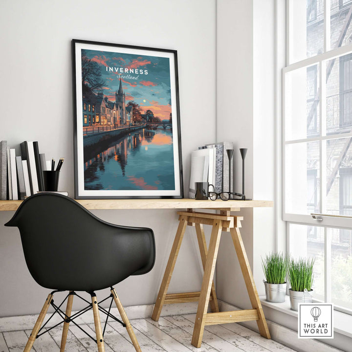 Inverness Print | Highland Wall Decor featuring a scenic view of Inverness in a modern workspace.