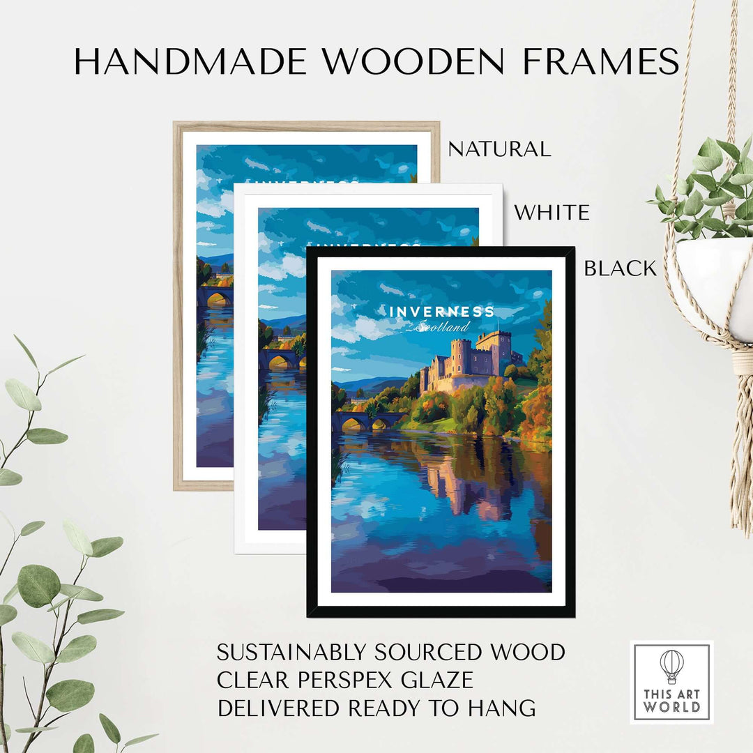 Inverness Print | Scottish Castle Wall Decor in handmade wooden frames, featuring natural, white, and black options.