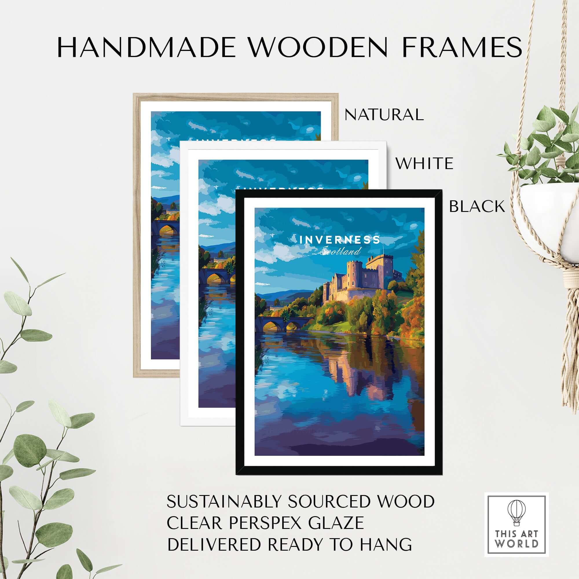 Inverness Print | Scottish Castle Wall Decor framed in natural, white, and black wooden frames with clear perspex glaze.