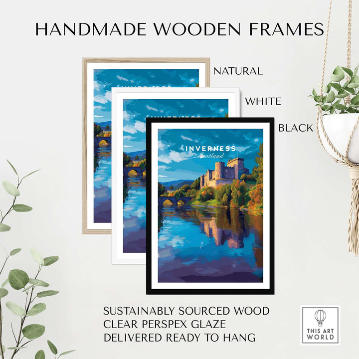 Inverness Print | Scottish Castle Wall Decor in handmade wooden frames, featuring natural, white, and black options.