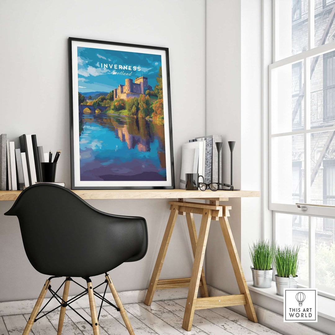 Inverness Print | Scottish Castle Wall Decor showcasing a scenic castle by the water in a stylish interior setting.