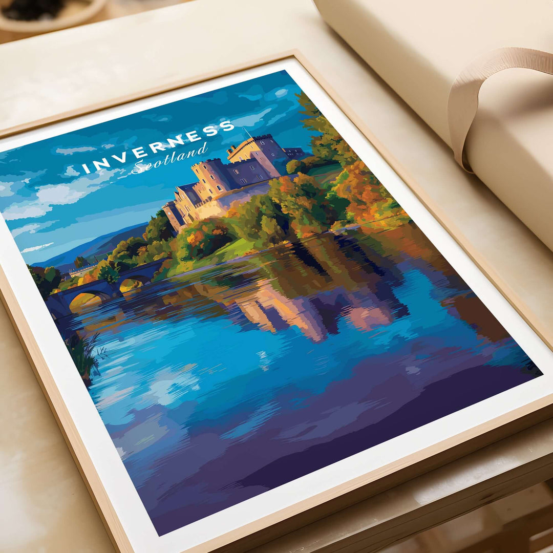 Inverness Print | Scottish Castle Wall Decor showcasing a beautiful Scottish castle reflected in water.