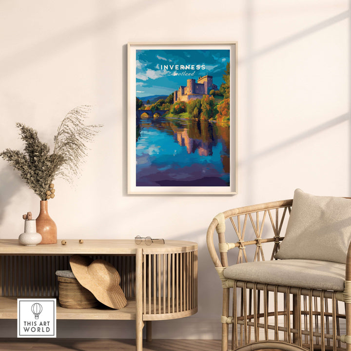 Inverness Print | Scottish Castle Wall Decor featuring a beautiful castle over a serene river in a stylish interior.