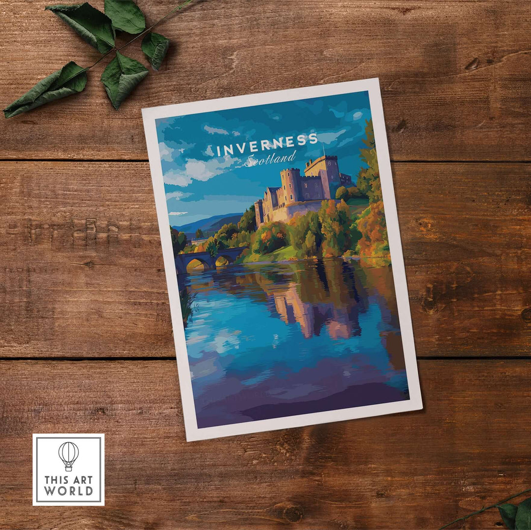 Inverness Print | Scottish Castle Wall Decor featuring a scenic view of a castle by the water, showcasing vibrant colors.