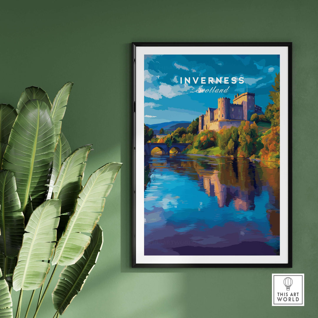 Inverness Print | Scottish Castle Wall Decor featuring a majestic castle reflected in water on a green wall.