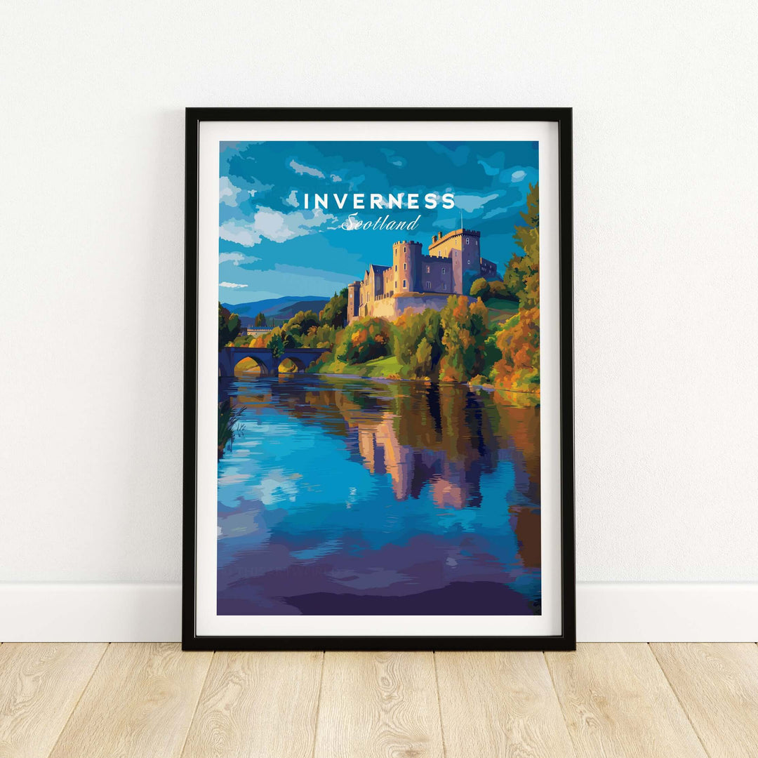 Inverness Print | Scottish Castle Wall Decor featuring a vibrant painting of a Scottish castle and river.