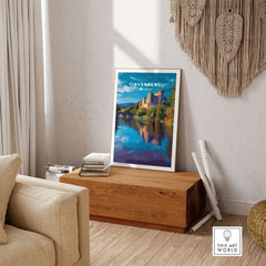 Inverness Print | Scottish Castle Wall Decor displayed in a cozy living room with natural wood accents.