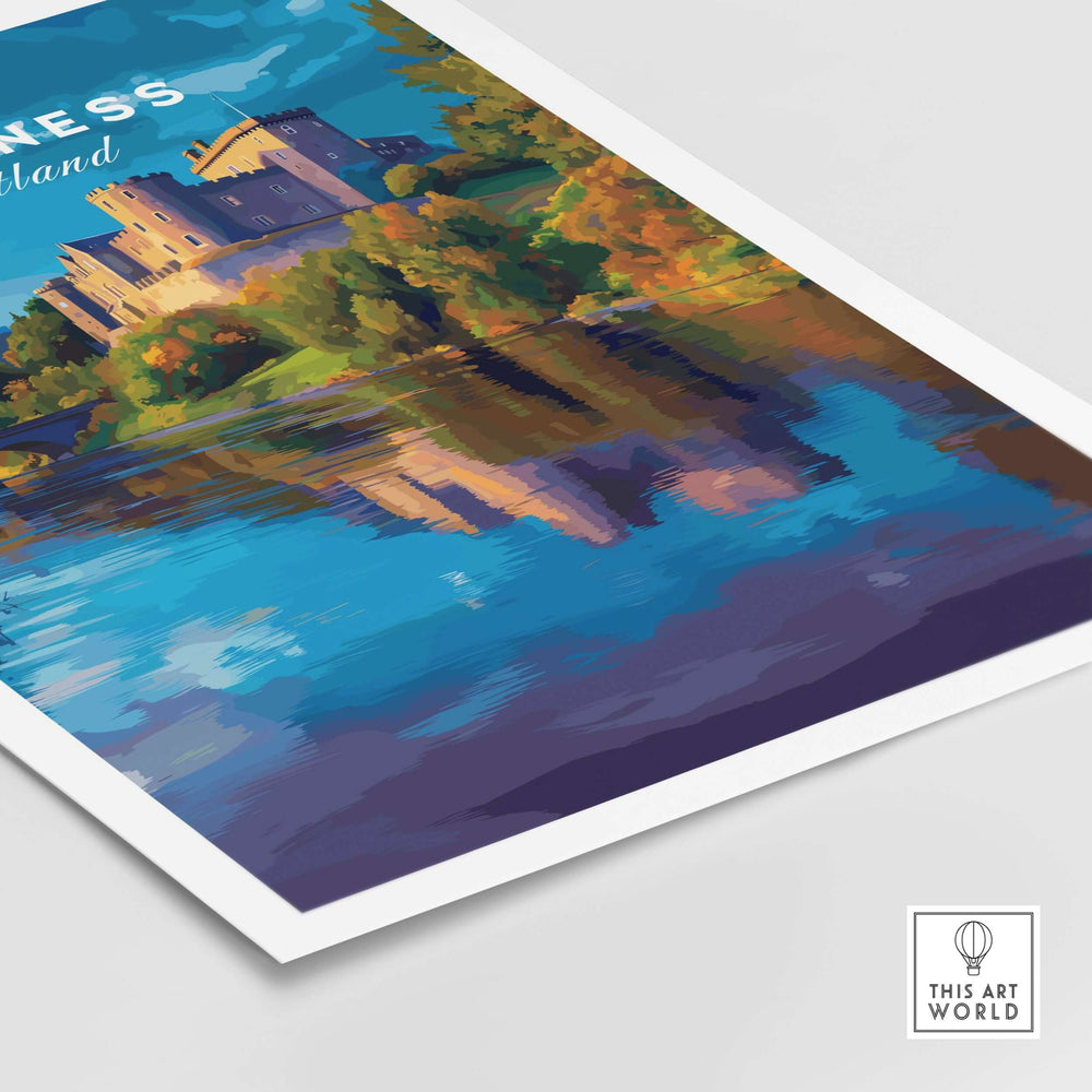 Inverness Print | Scottish Castle Wall Decor showcasing a colorful depiction of a castle reflected in water.