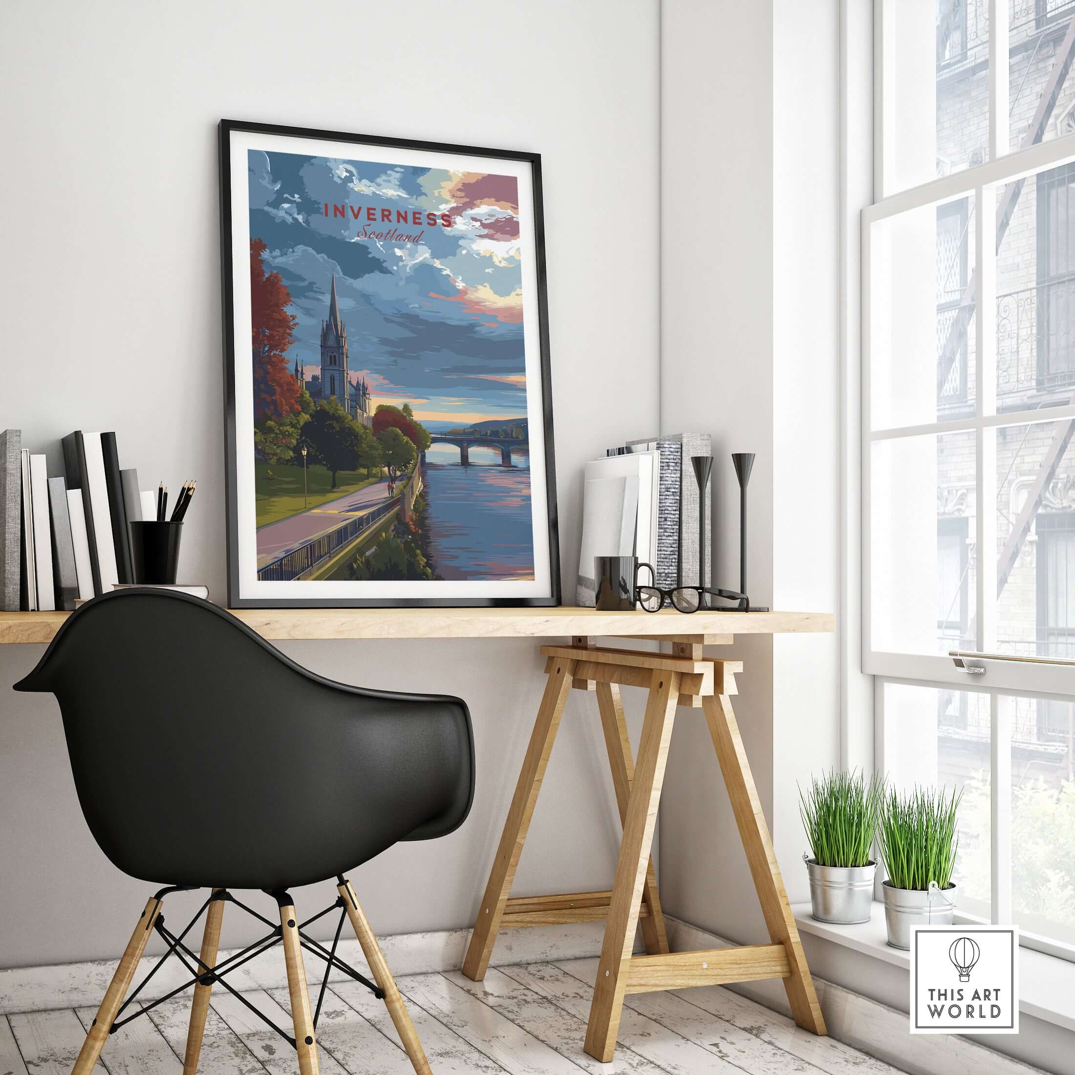 Inverness Print | Scottish Cityscape Wall Art displayed in a modern office setting, showcasing the charm of Inverness.