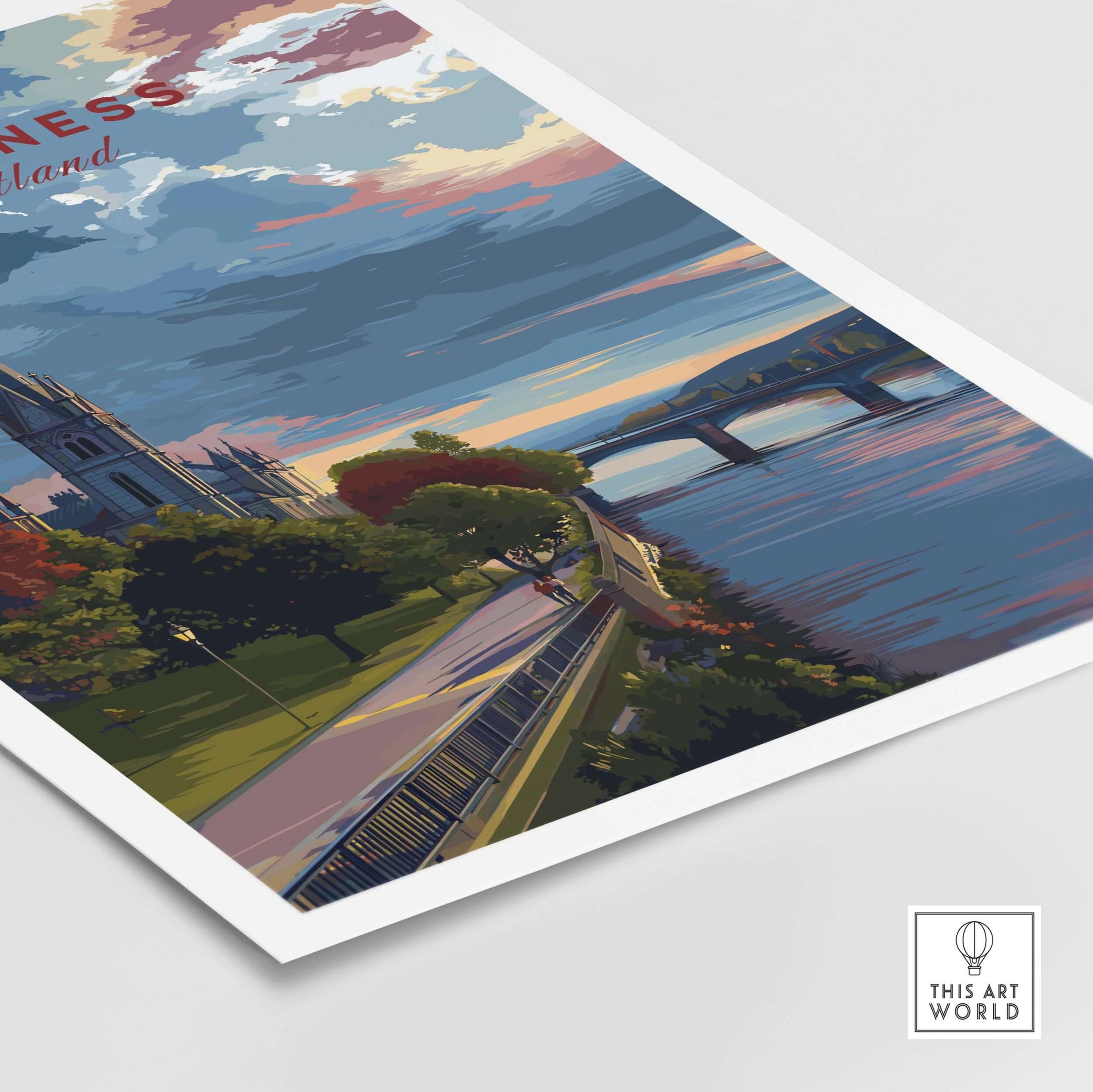 Inverness Print | Scottish Cityscape Wall Art showcasing a vibrant cityscape along the river with dramatic skies.