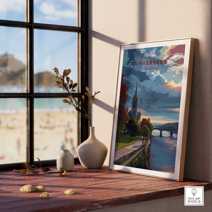 Inverness Print | Scottish Cityscape Wall Art displayed on a wooden table by a window, showcasing Inverness's vibrant scenery.