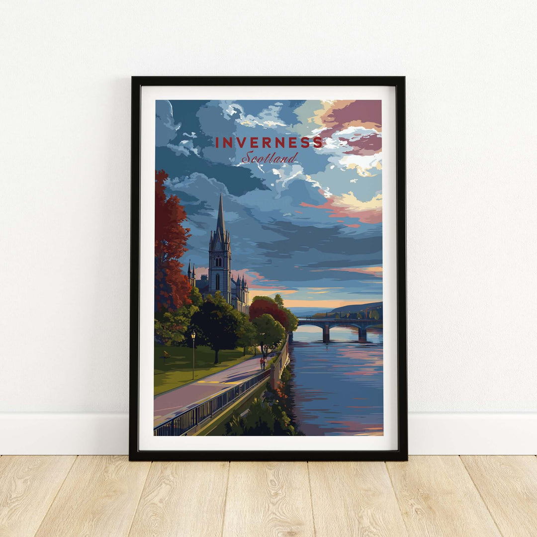 Inverness Print | Scottish Cityscape Wall Art featuring the scenic beauty of Inverness, Scotland with a river and church.