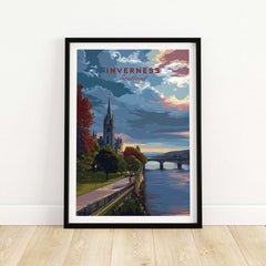 Inverness Print | Scottish Cityscape Wall Art featuring a vivid landscape of Inverness, Scotland, with river and church.