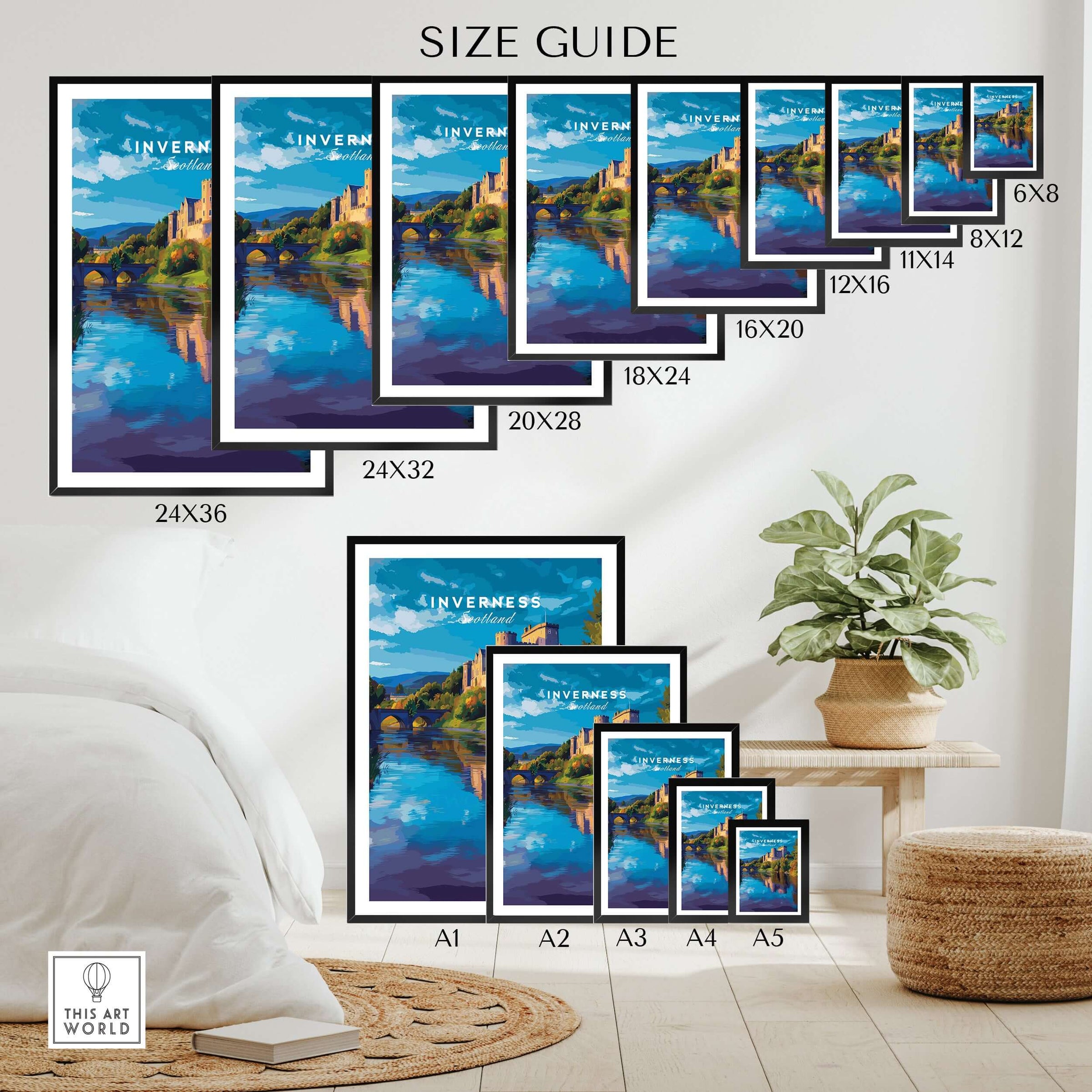 Inverness Print | Scottish Castle Wall Decor size guide showcasing various frame dimensions.
