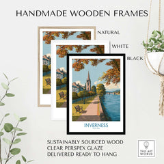 Inverness Scotland River Ness Art Print | Church Spire Poster displayed in natural, white, and black handmade wooden frames.