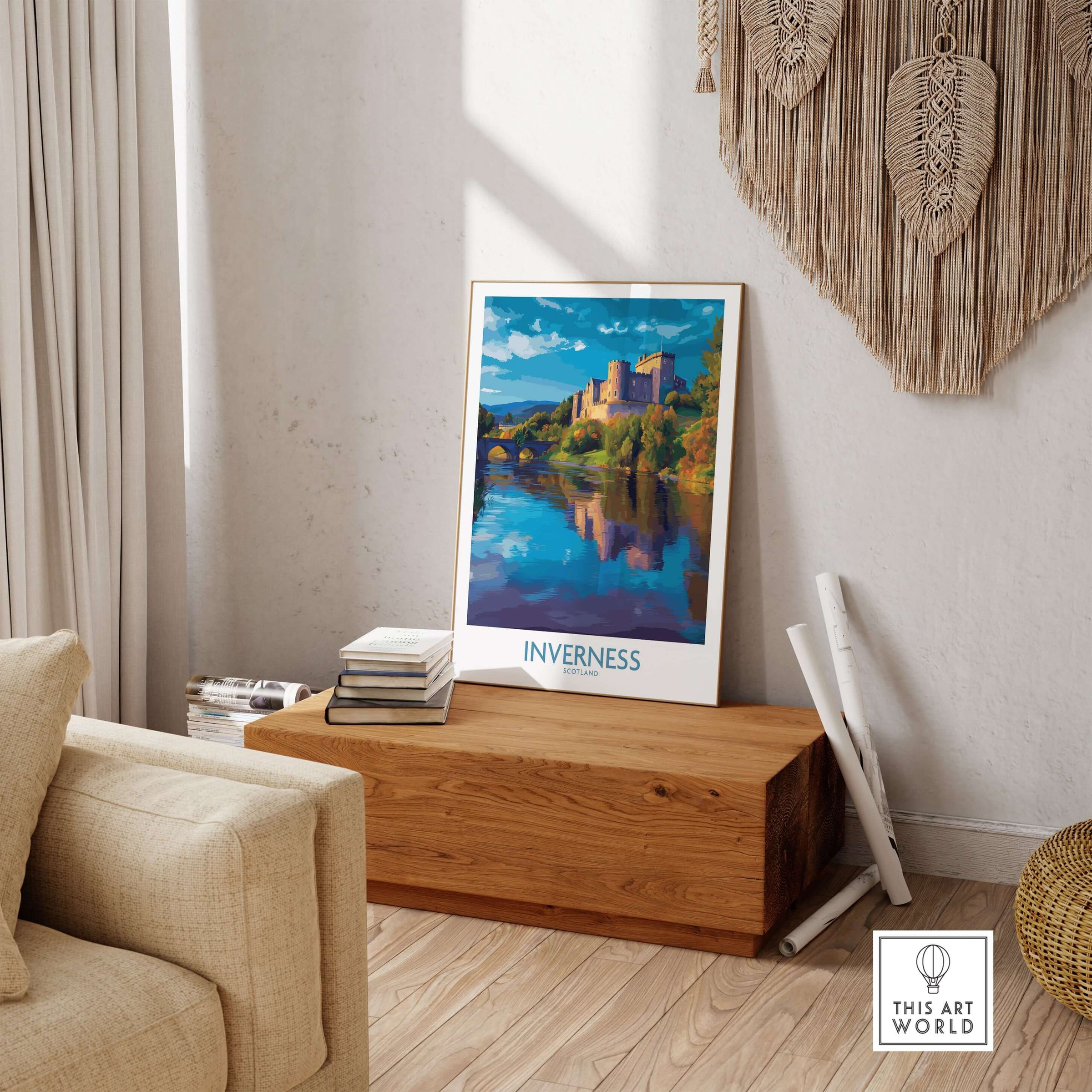Inverness Scotland Art Print | Highland Landmark Poster showcased in a cozy living room setting.
