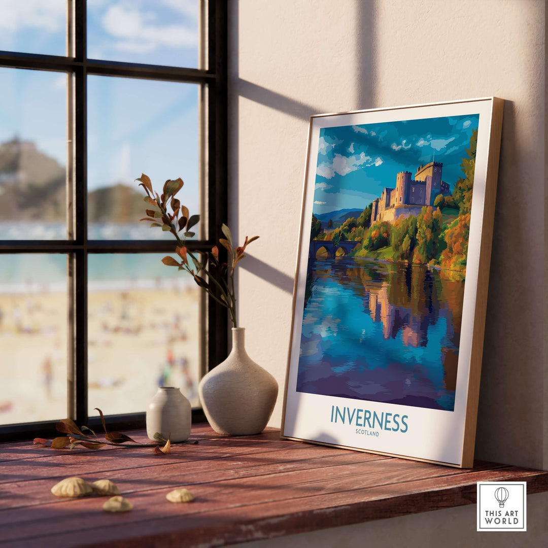 Inverness Scotland Art Print | Highland Landmark Poster displayed in a cozy interior with reflections of the landmark.