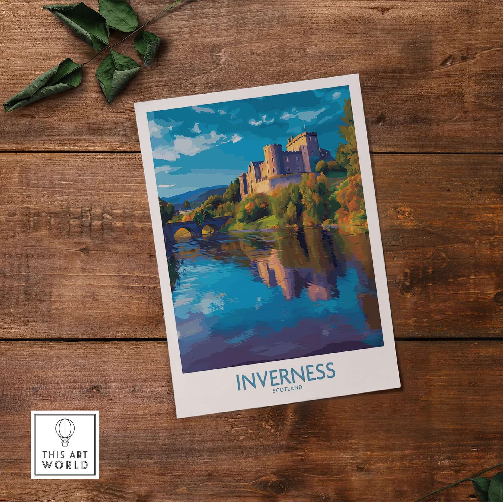 Inverness Scotland Art Print | Highland Landmark Poster showcasing a scenic view of Inverness with a castle and river.