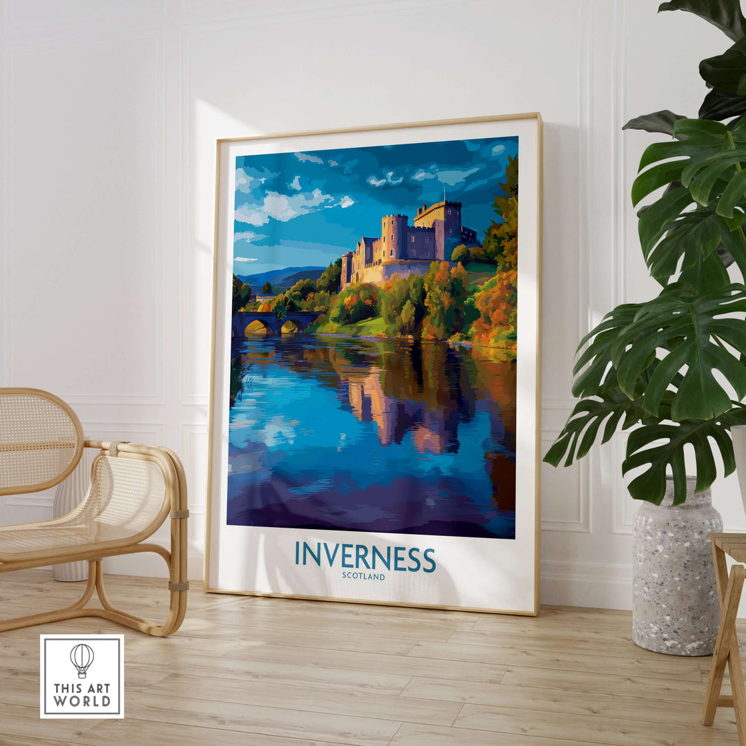 Inverness Scotland Art Print | Highland Landmark Poster displayed in a modern room with plants and cozy décor.