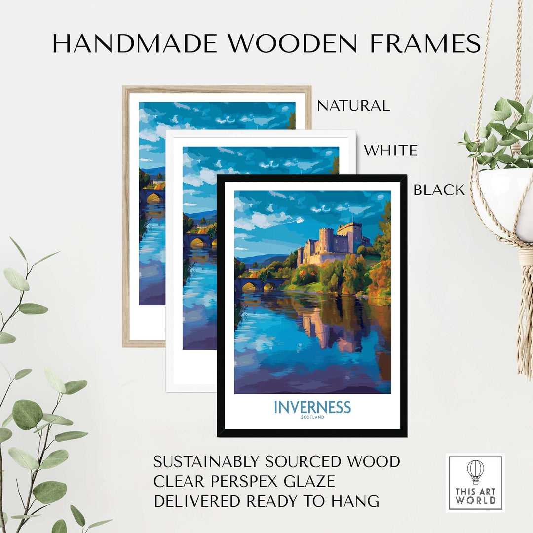 Inverness Scotland Art Print | Highland Landmark Poster displayed in natural, white, and black handmade wooden frames.