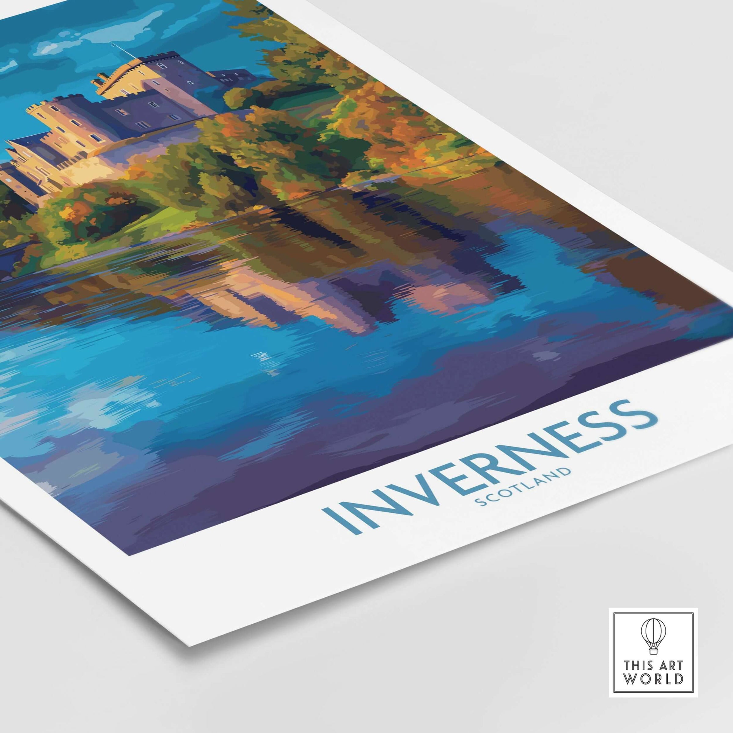 Inverness Scotland Art Print | Highland Landmark Poster featuring a vibrant illustration of Inverness and its reflection.