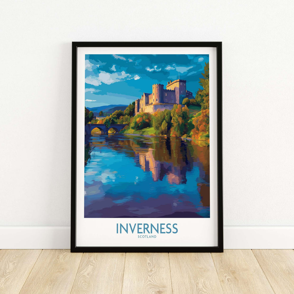 Inverness Scotland Art Print | Highland Landmark Poster showcasing a beautiful castle reflection on water.