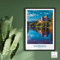 Inverness Scotland Art Print | Highland Landmark Poster displayed on a green wall with plants.