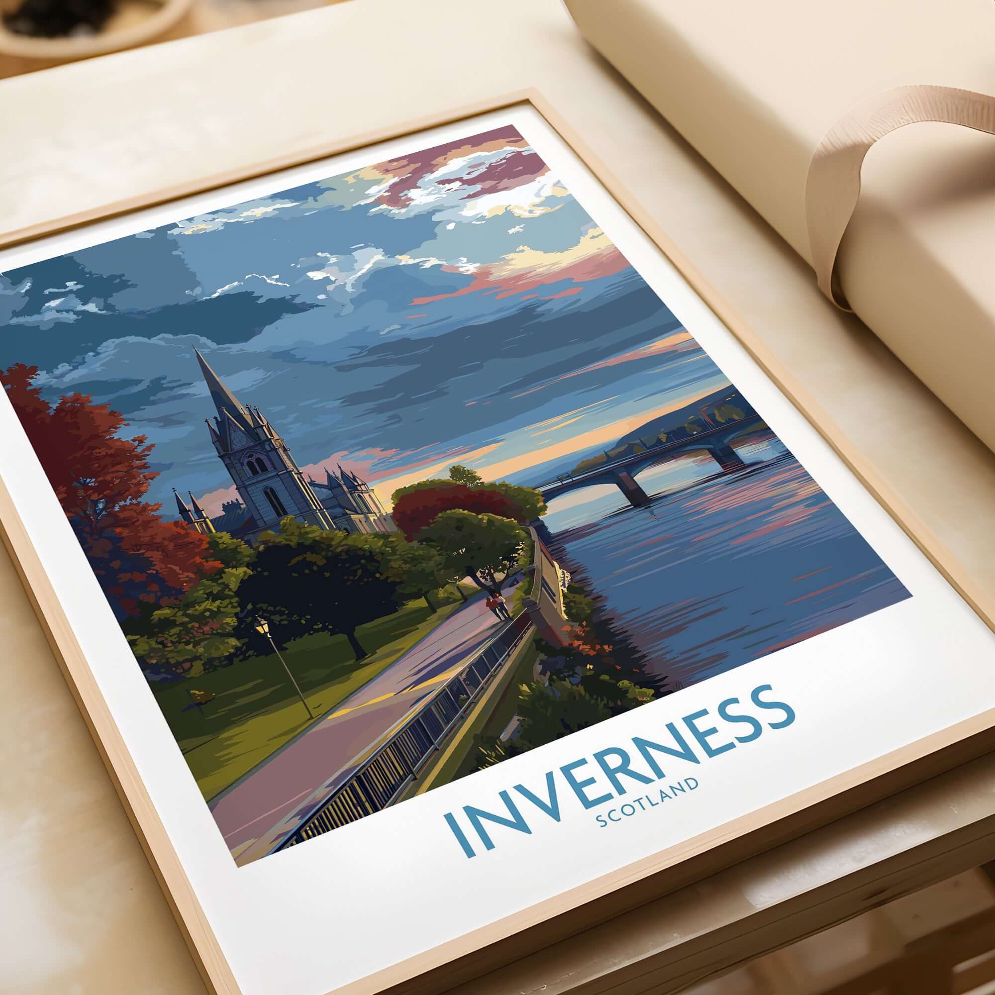 Inverness Scotland Art Print | River Ness Poster showcasing the serene riverscape of Inverness with vibrant colors.