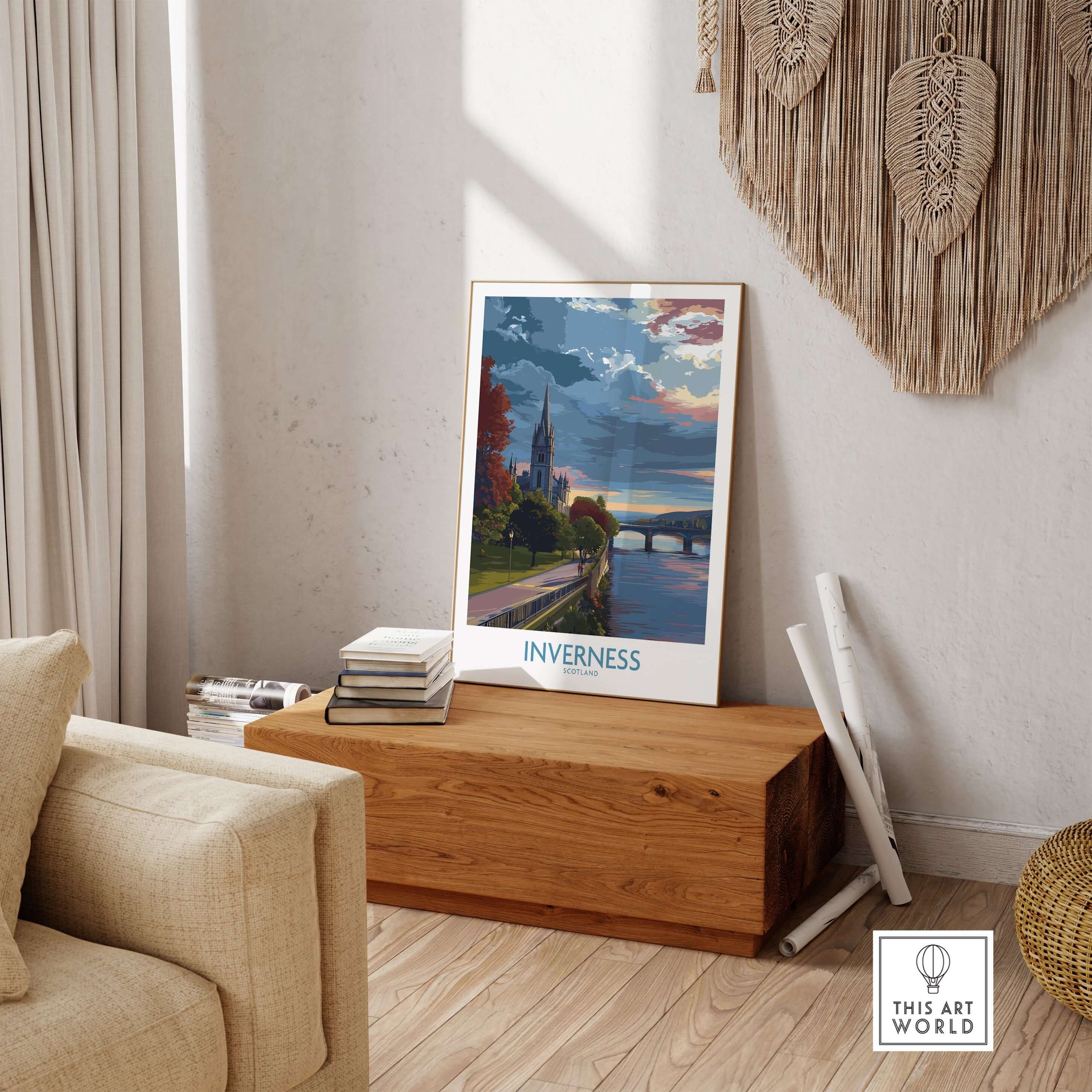 Inverness Scotland Art Print | River Ness Poster displayed in a cozy living room setting with natural light.