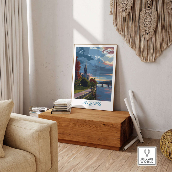 Inverness Scotland Art Print | River Ness Poster displayed in a cozy living room with wooden decor.