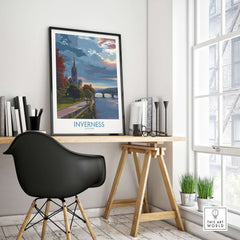 Inverness Scotland Art Print | River Ness Poster displayed in a modern room with a stylish desk and chair.