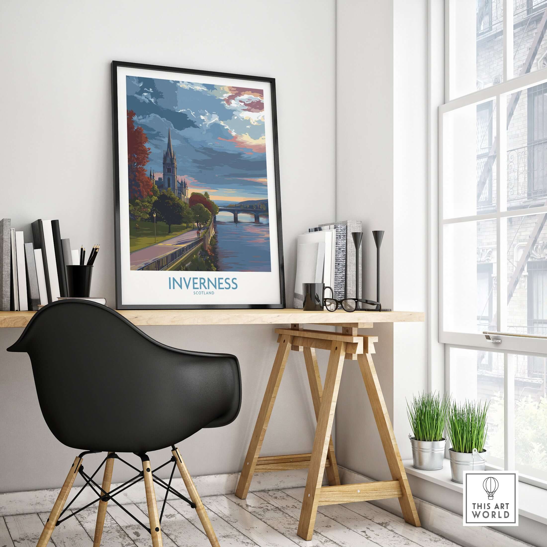 Inverness Scotland Art Print | River Ness Poster displayed in a modern room with a stylish desk and chair.