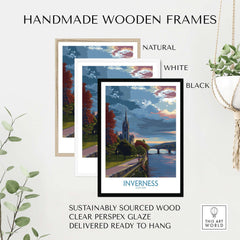 Inverness Scotland Art Print | River Ness Poster in handmade wooden frames, showcasing natural, white, and black options.