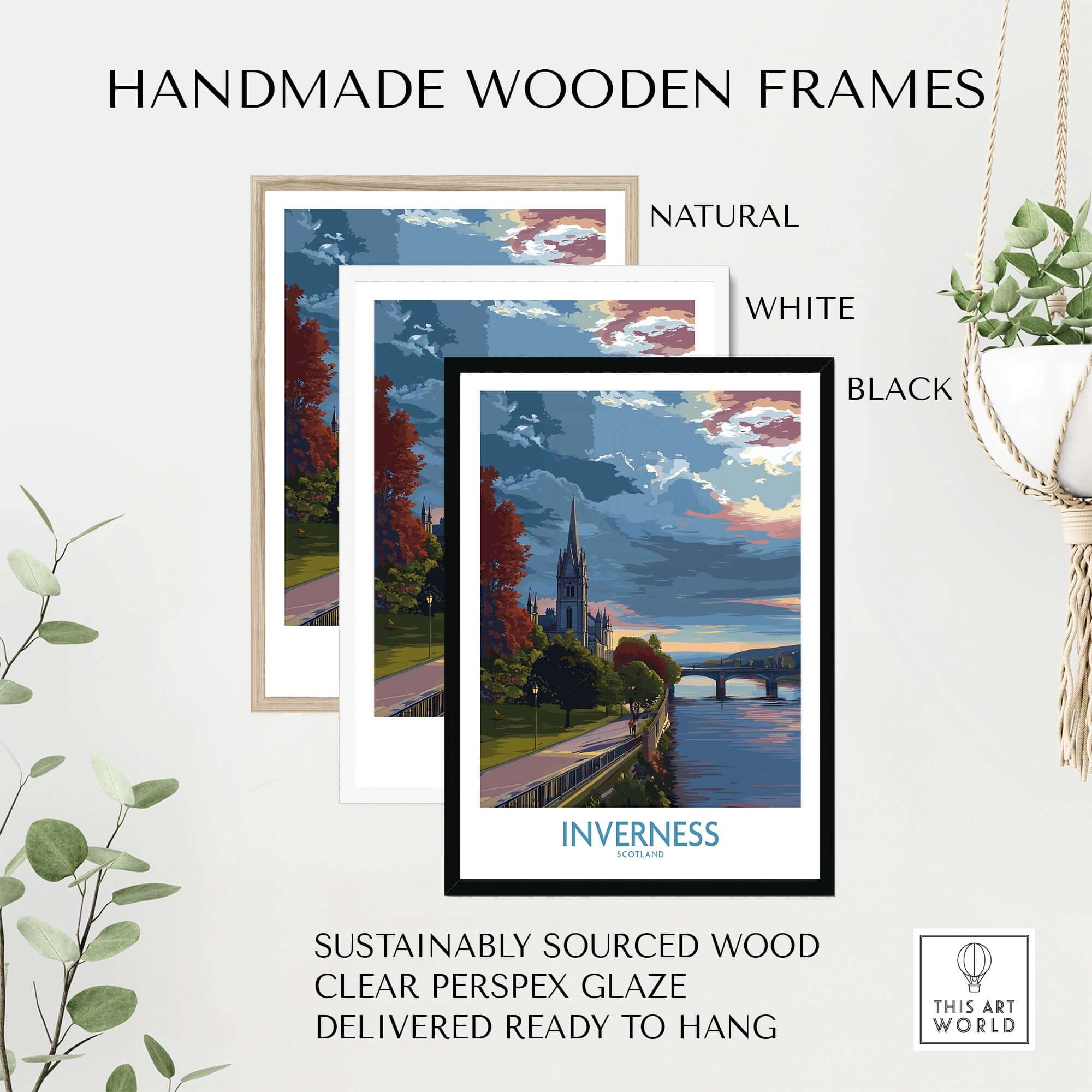 Inverness Scotland Art Print | River Ness Poster in handmade wooden frames, showcasing natural, white, and black options.