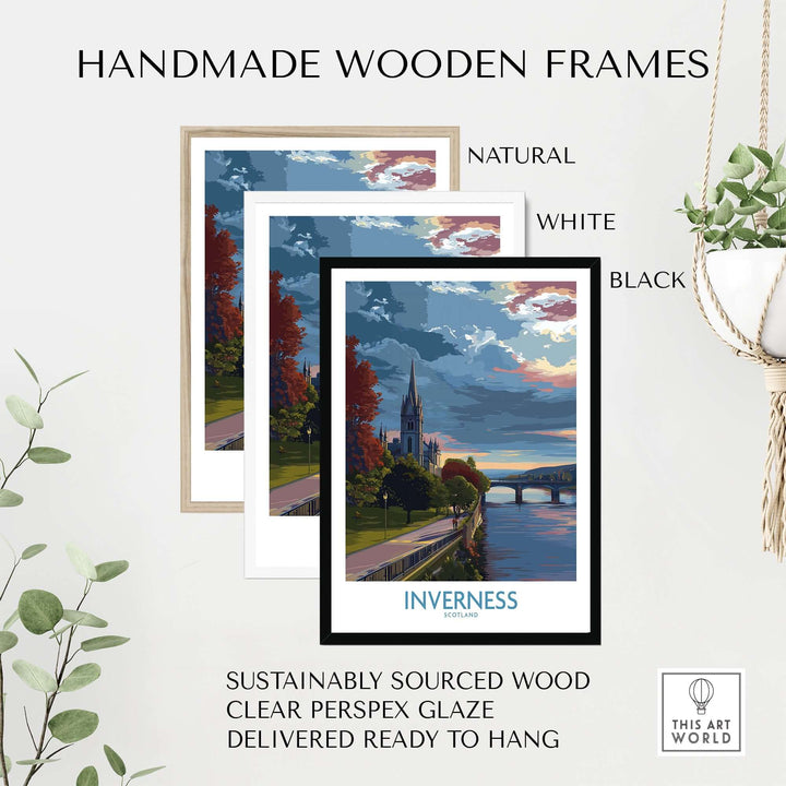 Handmade wooden frames for Inverness Scotland Art Print | River Ness Poster in natural, white, and black finishes.
