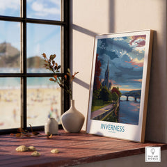 Inverness Scotland Art Print | River Ness Poster showcasing a vibrant riverscape framed on a wooden table.