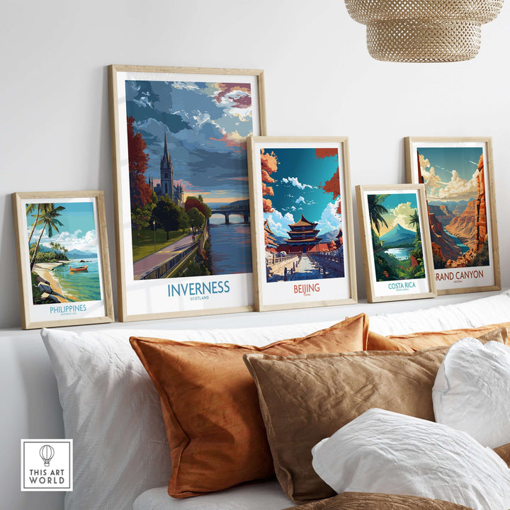 Inverness Scotland Art Print | River Ness Poster displayed with other travel-themed art prints.