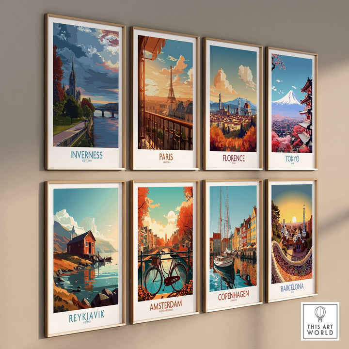 Inverness Scotland Art Print | River Ness Poster showcased with other city art prints on a gallery wall.