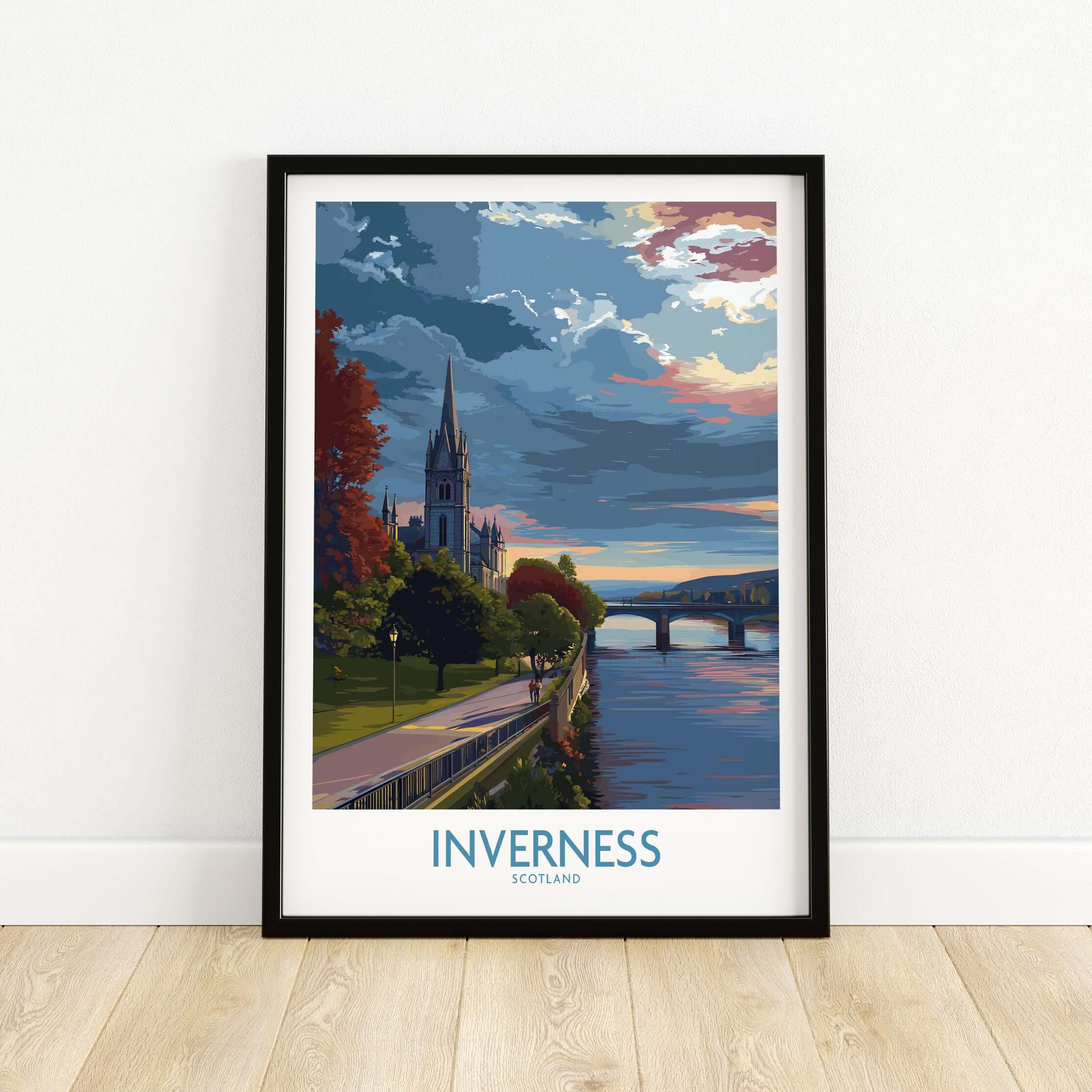 Inverness Scotland Art Print | River Ness Poster showcasing a tranquil riverscape and iconic architecture.