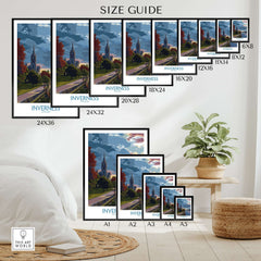 Inverness Scotland Art Print | River Ness Poster size guide within home decor setup showcasing different sizes.