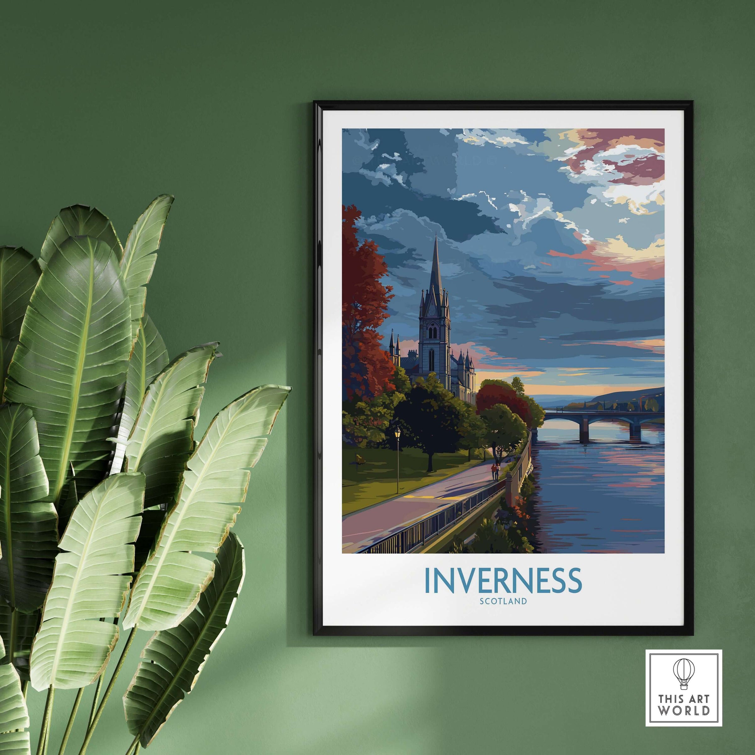 Inverness Scotland Art Print | River Ness Poster showcasing a tranquil riverscape and iconic landmarks in vibrant colors.