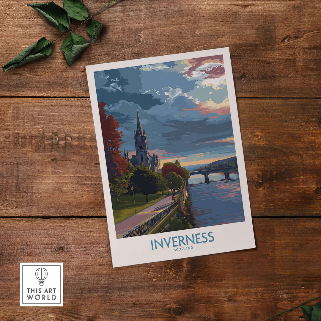 Inverness Scotland Art Print | River Ness Poster showcasing a serene riverscape with the iconic River Ness and a church.