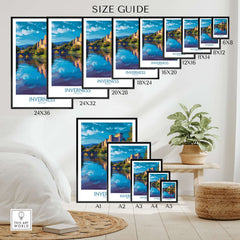 Inverness Scotland Art Print | Highland Landmark Poster size guide showcasing various frame styles and dimensions.