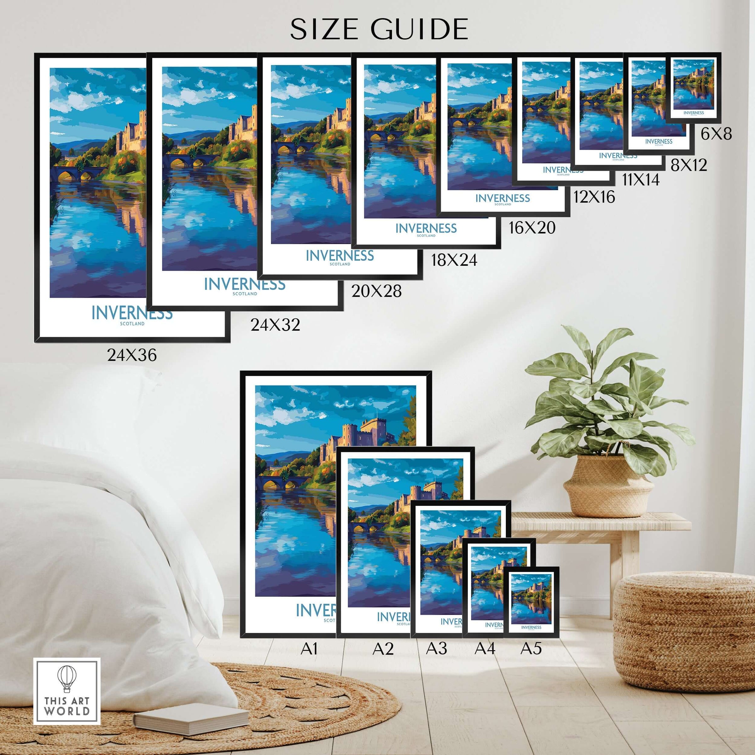 Inverness Scotland Art Print | Highland Landmark Poster size guide showcasing various frame styles and dimensions.