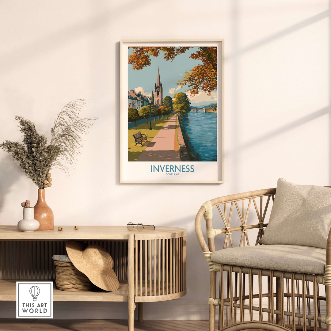 Inverness Scotland River Ness Art Print | Church Spire Poster displayed in a modern living room, highlighting scenic beauty.