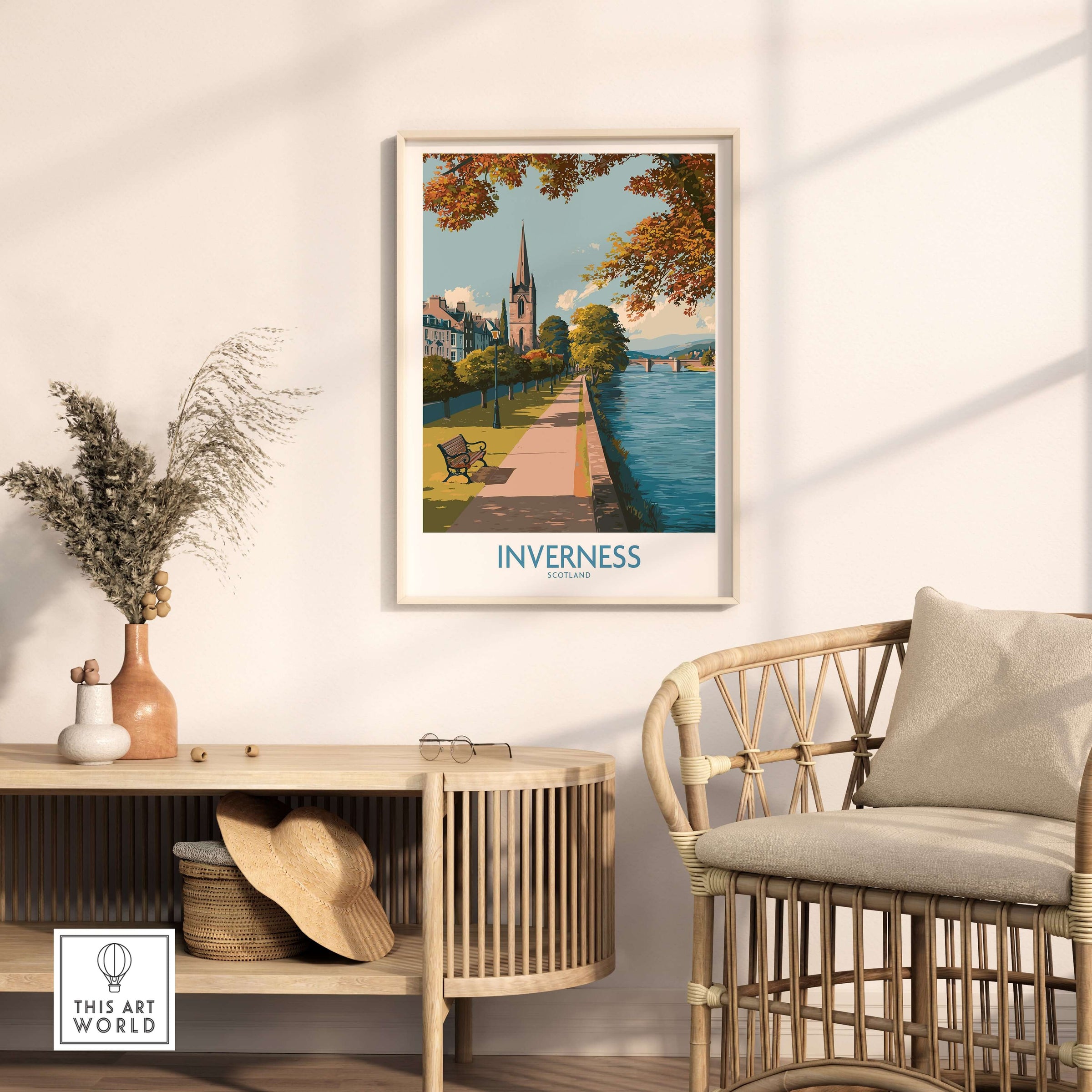 Inverness Scotland River Ness Art Print | Church Spire Poster displayed in a cozy living room setting.