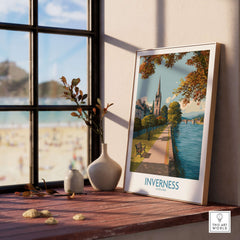 Inverness Scotland River Ness Art Print | Church Spire Poster displayed on a windowsill with a scenic view.